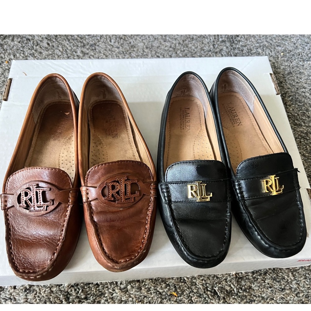 Lauren Ralph Lauren Brynn Leather Driving Loafers Bundle Black Tan Womens 5